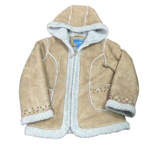 Girl's Hooded Penny Lane Coat Y2K Floral Embroidery Faux Suede Sherpa Lined Sz-6